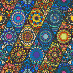Fototapeta premium Seamless ornate floral texture, pattern with vintage mandala elements. Can be used for wallpaper, pattern fills, web page background, surface textures.Islam, Arabic, Indian, ottoman motifs.