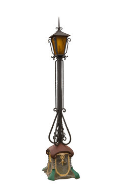 The Old Cast Iron Lamp Post With Red Glass Isolated On White Background