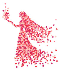 Vector silhouette girl of a confetti splash, hand drawn. Valentines Day background congratulation card. Heart shape of a lot of small hearts on a white background. Girl keep heart splash on hand.