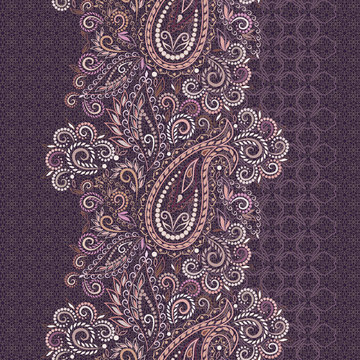 Lace paisley vertical seamless pattern. Beautiful ethnic ornament . Vector print. Use for braid, tape, ribbon.	