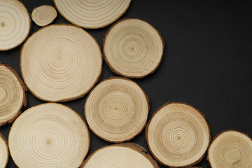 Pine tree cross-sections with annual rings on black background. Lumber piece close-up shot, top view.