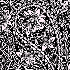 Seamless black and white pattern with paisley and flowers. Traditional ethnic ornament, vector background.