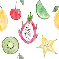 Seamless pattern. Watercolor fruits. Pitaya, kiwi, cherry, lemon, lime, carambola. Hand drawn summer illustration. Design for fabric, packaging, textile, cover, postcard, paper, stationery, wrapping