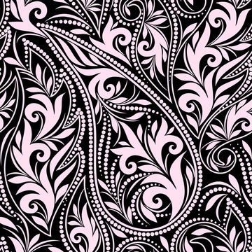 Seamless black and white pattern with paisley and flowers. Traditional ethnic ornament, vector background.