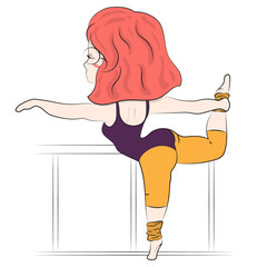 Cute cartoon girl in gymnastic pose isolated on white background. Children cartoon dancing character.Valentines or romantic card.T-shirt print. Template for design cards, notebook, shop, poster.