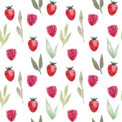 Seamless pattern. Watercolor strawberry and raspberry, leaves. Hand drawn summer illustration. Design for fabric, packaging, textile, cover, paper, stationery, scrapbooking, wrapping, clothes