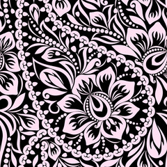 Seamless black and white pattern with paisley and flowers. Traditional ethnic ornament, vector background.