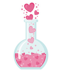 Flask with hearts icon in flat style isolated on white background. Love elixir logo. Concept or Love Potion. Vector illustration. Valentines Day background congratulation card. Chemistry of love.