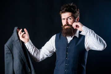 Tailor at work. Tailor businessman in suit. Male formal fashion. brutal caucasian hipster with moustache. Designer tailoring suit. Mature hipster with beard. Bearded man gentleman