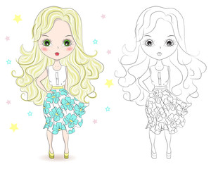 Set of hand drawn beautiful cute fashion girls on white background. Cartoon fashionable girls. Cartoon character. Coloring book pages for kids. Outline for coloring page cartoon vector