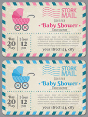 Set of baby shower invitation card. Baby frame with stroller and stickers on striped background. It's a boy. It's a girl. - obrazy, fototapety, plakaty