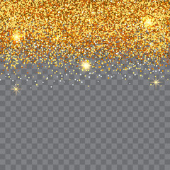 Vector shining gold confetti splash. Gold glitter border. Template for holiday designs, card, invitation, party, birthday, wedding, baby shower, bridal shower, save the date. Glitter confetti