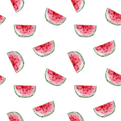 Seamless pattern. Watercolor watermelon fruit. Hand drawn summer illustration. Design for fabric, packaging, textile, cover, postcard, paper, stationery, scrapbooking, wrapping, clothes, cards