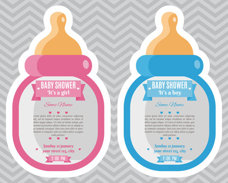 Baby Shower Invitation baby bottle. Set of baby shower invitation card. Frame with bottle and stickers. It's a boy. It's a girl. Happy mother and baby shower for newborn celebration.