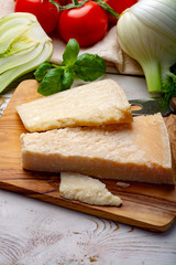 Original italian cheese, aged Parmesan cow milk cheese, pieces of Parmigiano-Reggiano