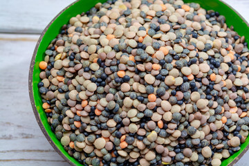 Colorful mix of lentils legumes ready for cooking, tasty vegetarian food commonly used in South Asian cuisine