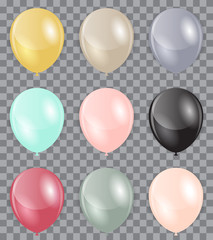 Set of multicolored colorful realistic balloons with shadows. Helium Balloons. Isolated Vector Objects. Glossy and Shiny Air Baloons. Air Balls.