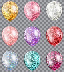 Set of glitter multicolored colorful realistic balloons with shadows. Shining helium Balloons. Isolated Vector Objects. Glossy and Shiny Air Baloons.Glitter  Air Balls.