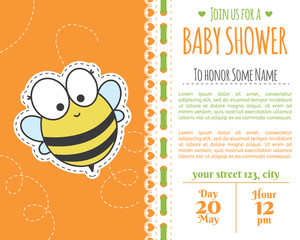 Baby shower invitation card. Baby frame with bee and stickers. It's a boy. It's a girl.