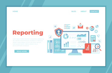 Business Data Reporting, Consulting, Analytics, Credit report, Accounting. Graphs and charts on the monitor screen, documents, folders. landing page template for web. Business banner.  Vector
