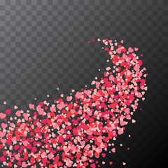 Confetti cover. Path with falling hearts shapes. Transparent background. Magic vector waves with particles isolated on black background. Sparkle hearts form stardust. Magical trail with hearts