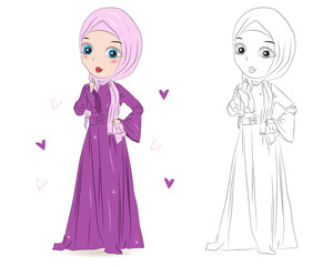 Set of hand drawn Arabic woman in hijab on white background. Cartoon character in traditional Muslim hijab. Coloring book pages for kids. Outline for coloring page. Islamic Women in Niqab Style.