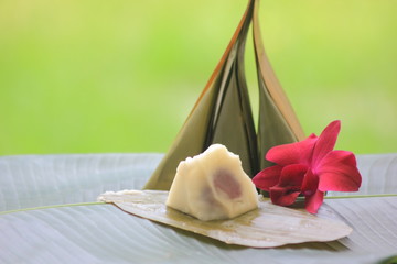 Steamed Flour with Coconut Filling is Thai desert,On the banana leaf  and green background.