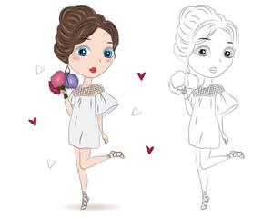 Set of hand drawn beautiful cute cartoon summer girls on white background. Cartoon fashionable girls. Cartoon character. Coloring book pages for kids. Outline for coloring page cartoon vector