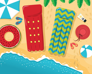 Cool summer sea and beach. Hello Summer banner. Top view of Summer beach with sun umbrella, rubber ring in donut form, picnic mat,  coconut tree, hat and sea wave on sandy beach.