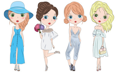 Set of hand drawn beautiful cute fashion girls on white background. Cartoon fashionable girls. Cartoon character. Vector illustration.