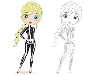 Set of hand drawn beautiful cute fashion girls in halloween costume. Coloring book pages for kids. Outline for coloring page cartoon vector. Scary skilet. Halloween party.