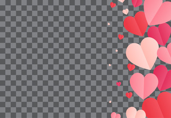 Red hearts confetti splash on transparent background. Magic vector waves with particles isolated on black background. Hearts form stardust. Happy Valentines Day frame