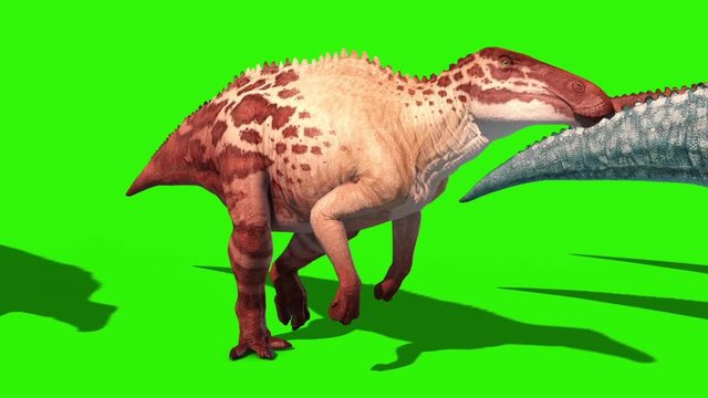 Group of Shantungosaurus Walks Green Screen Front Jurassic World 3D Rendering Animation