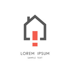 Fototapeta premium Real estate logo - home or house with chimney and exclamation mark symbol. Realty and property agency, construction or building industry vector icon.