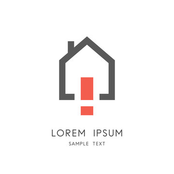 Real estate logo - home or house with chimney and exclamation mark symbol. Realty and property agency, construction or building industry vector icon.
