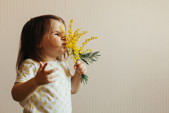 Child smelling a mimosa