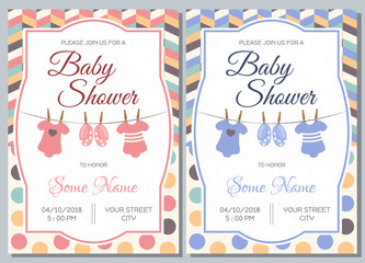 Set of baby shower invitation card babies boy and girl. Baby frame with boy/girl and stickers on light background. It's a boy. It's a girl.
