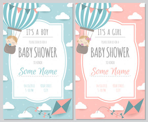 Set of baby shower invitation card babies boy and girl. Baby frame with boy/girl and stickers on light background. It's a boy. It's a girl. - obrazy, fototapety, plakaty