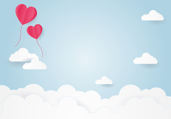 Valentines day, Illustration of love,origami made pink heart balloons flying in the blue sky, paper art style. Love Invitation card.