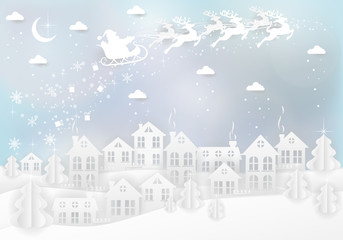 Winter urban countryside landscape village with paper houses, pine trees and Santa with deers flying in the sky. Merry Christmas and New Year background. Christmas season paper art style illustration.