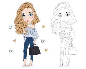 Set of hand drawn beautiful cute fashion girls on white background. Cartoon fashionable girls. Cartoon character. Coloring book pages for kids. Outline for coloring page cartoon vector