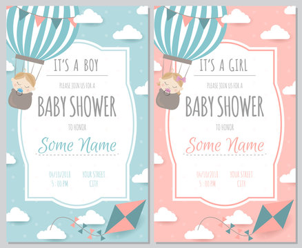 Set Of Baby Shower Invitation Card Babies Boy And Girl. Baby Frame With Boy/girl And Stickers On Light Background. It's A Boy. It's A Girl.