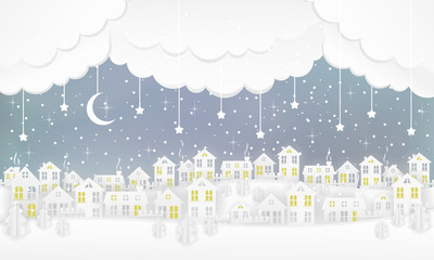 Winter urban countryside landscape village with paper houses, pine trees. Merry Christmas and New Year background. Christmas season paper art style illustration.