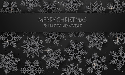 Christmas background with Shining Snowflakes. Christmas Greeting Card and Happy New Year Invitation. Christmas tree background with shining snowflakes, stars. Vector illustration