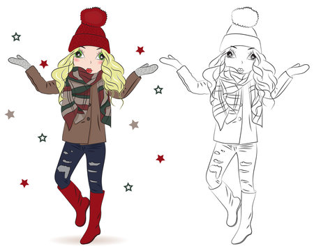 Set of hand drawn beautiful cute winter fashion girls on white background. Cartoon fashionable girls. Cartoon character. Coloring book pages for kids. Outline for coloring page cartoon vector