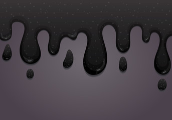 Black slime goo dripping on grey background. Toxic and creepy texture. Vector illustration. 