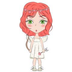 Hand drawn beautiful cute haired girl with love arrows and bow. Cartoon character. Template for design cards, notebook, shop, poster. Cupidon. Valentine angel with heart, cupid love amur illustration 