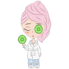 Hand drawn beautiful cute haired girl in pajamas and a cucumbers on eyes. Children cartoon character. T-shirt print. Template for design cards, notebook, shop, poster. Sleepy girl.