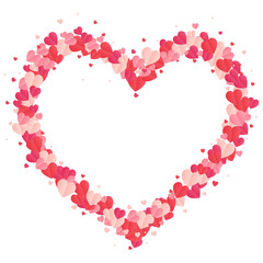 Vector shape confetti splash with white heart inside. Valentine's Day background congratulation card. Heart form of a lot of small hearts on a white background