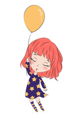 Hand drawn beautiful cute haired girl in pajamas fly on air balloon. Children cartoon character. T-shirt print. Template for design cards, notebook, shop, poster. Sleepy girl.
